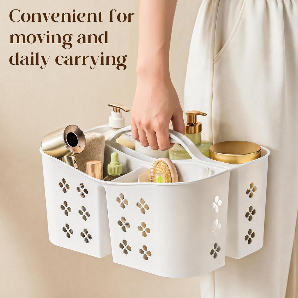 Portable Shower Caddy with Handle, Large Capacity Shower Basket Organizer, Quick-Drain Bathroom Storage Tote, Durable Plastic Shower Organizer for College Dorm, Beach, Gym, Travel Essentials, White