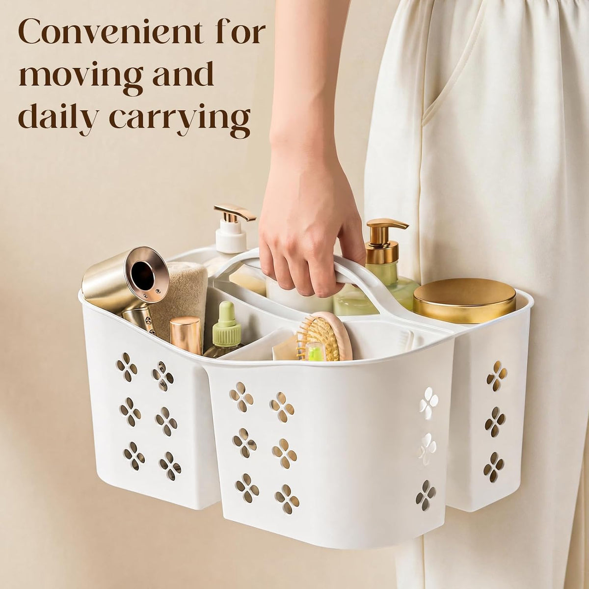 Portable Shower Caddy with Handle, Large Capacity Shower Basket Organizer, Quick-Drain Bathroom Storage Tote, Durable Plastic Shower Organizer for College Dorm, Beach, Gym, Travel Essentials, White