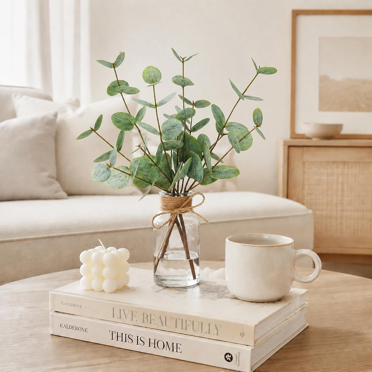 FAVOWREATH 4 Pcs Artificial Eucalyptus Stems with Glass Vase Fake Plants