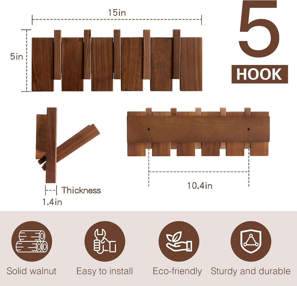 Coat Rack Wall Mount, Walnut 5 Flip-Down Picket Hanger Hooks for Entryway