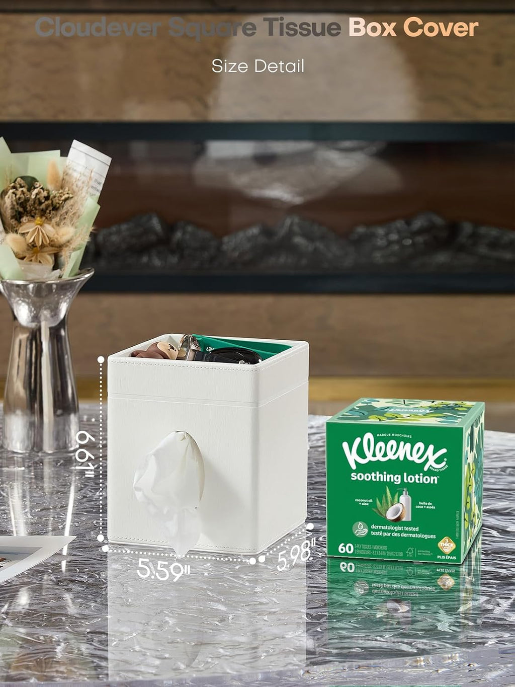 Square Tissue Box Cover Holder with Tray Compatible with Kleenex/Puffs Cubes,Patented Metal-Look PU Leather (Polar Ice)