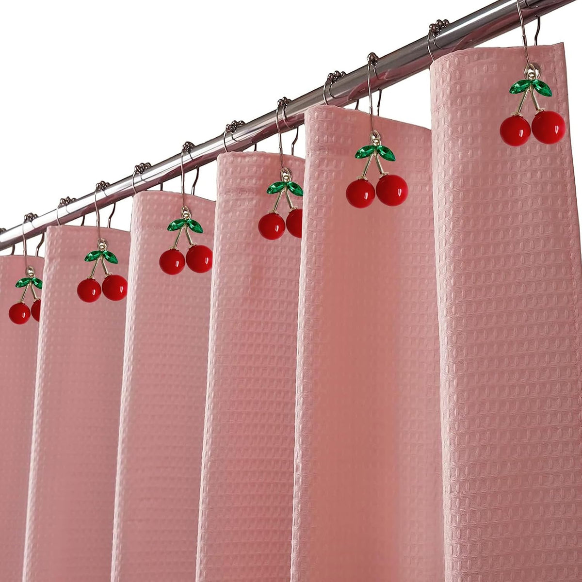 Cherry Bathroom Decor Curtain Hooks Rings for Bathroom Shower Rod (12pcs) - Rust Proof Metal Stainless Steel Curtain Ring Red Cherry Pendant Decoration