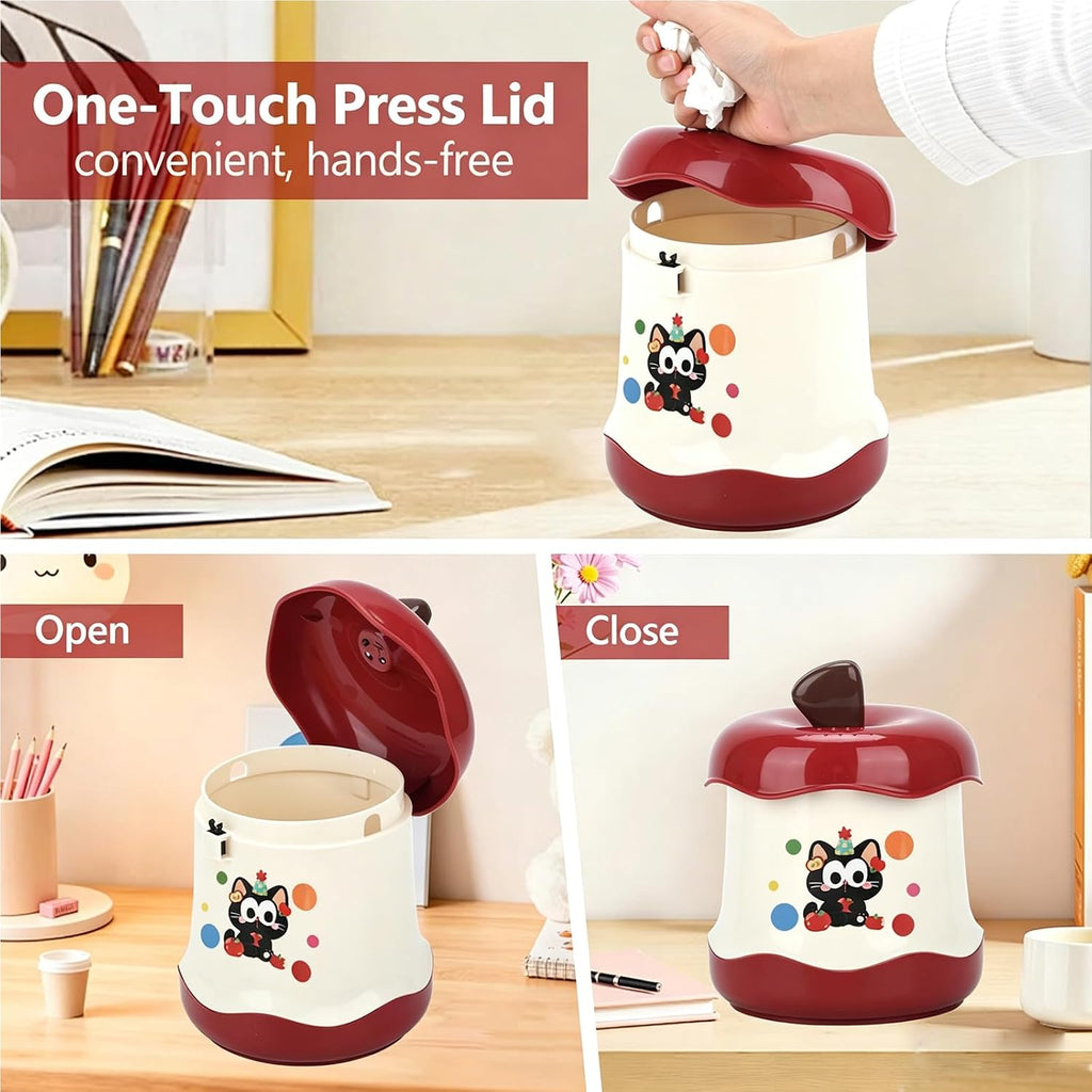 Cute Mini Desktop Trash Can - Small Desk Garbage Bin with One-Touch Press Lid - 6.3 Inch Plastic Waste Basket for Home Office, Bedroom, Vanity, Car - Cat Design (Red)