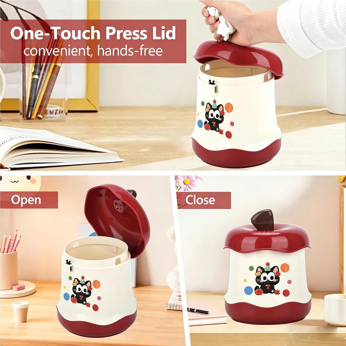 Cute Mini Desktop Trash Can - Small Desk Garbage Bin with One-Touch Press Lid - 6.3 Inch Plastic Waste Basket for Home Office, Bedroom, Vanity, Car - Cat Design (Red)