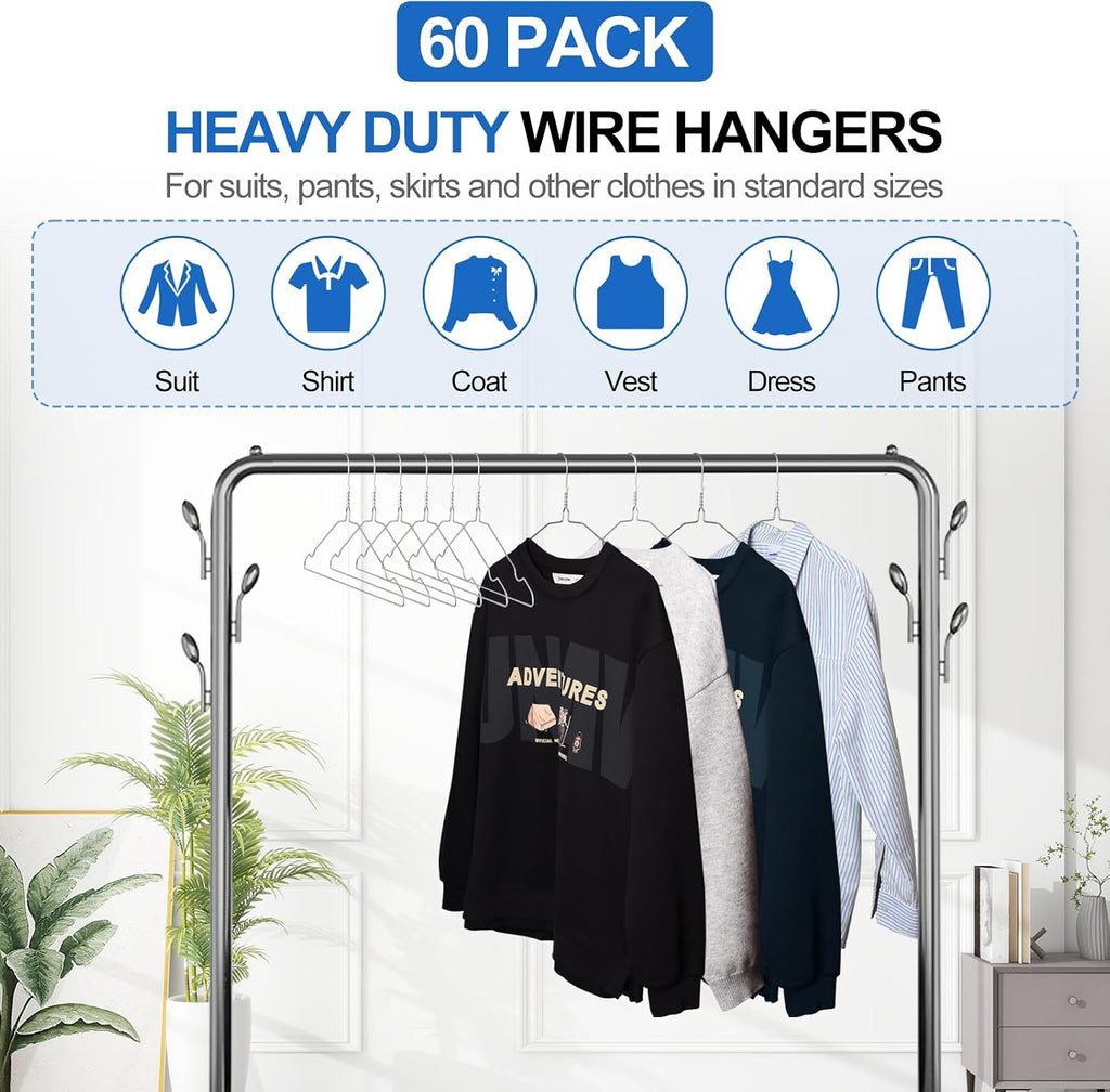 FUDESY Metal Wire Hangers, 60 Pack Heavy Duty, Space Saving, 16in, Silver