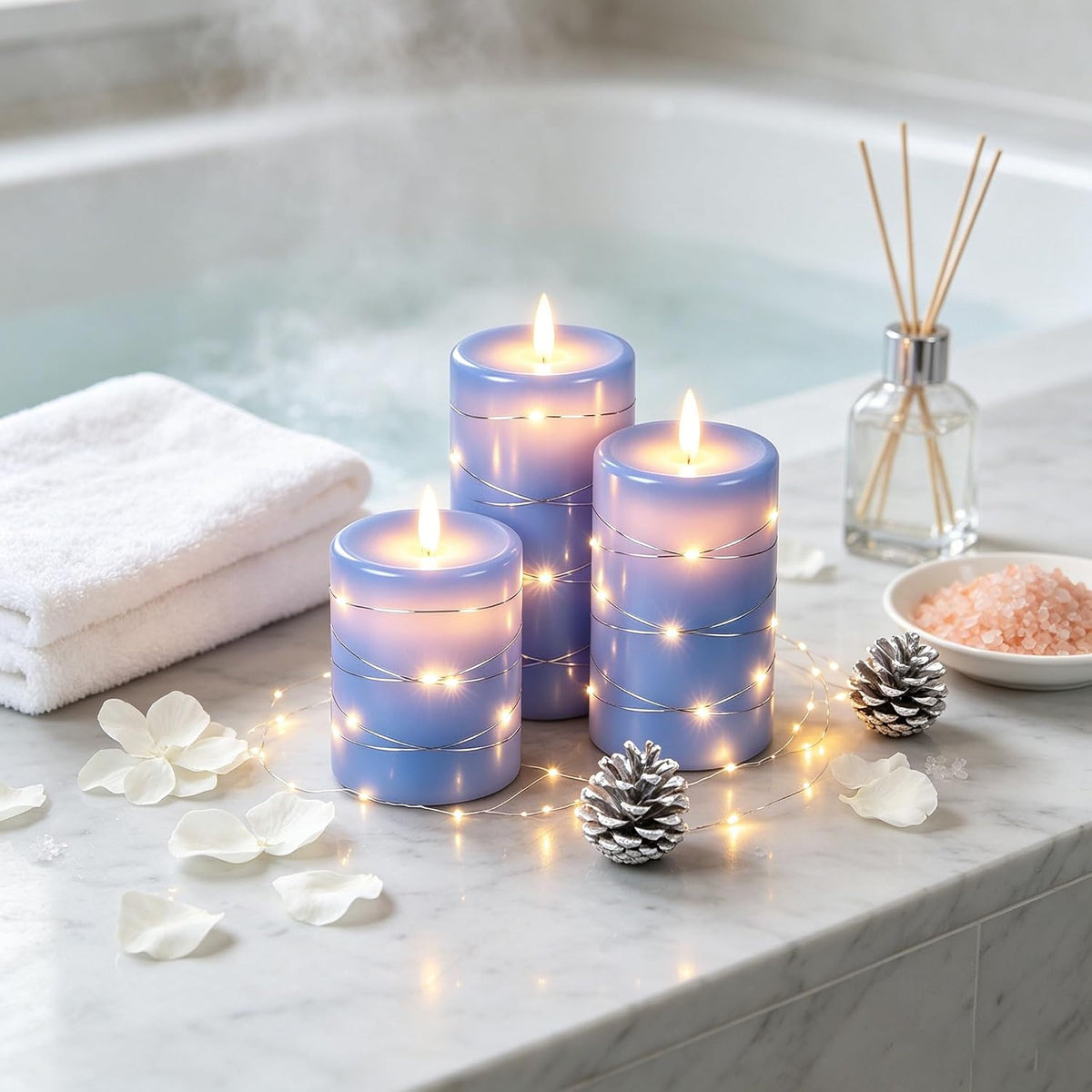 Da by 3 Pack Blue Real Wax Flameless Taper Candles, Lifelike Flickering LED Flame Candles with Surrounding Fairy String Lights, Soft Warm Battery Candles with Remote for Home Wedding Holiday Decor