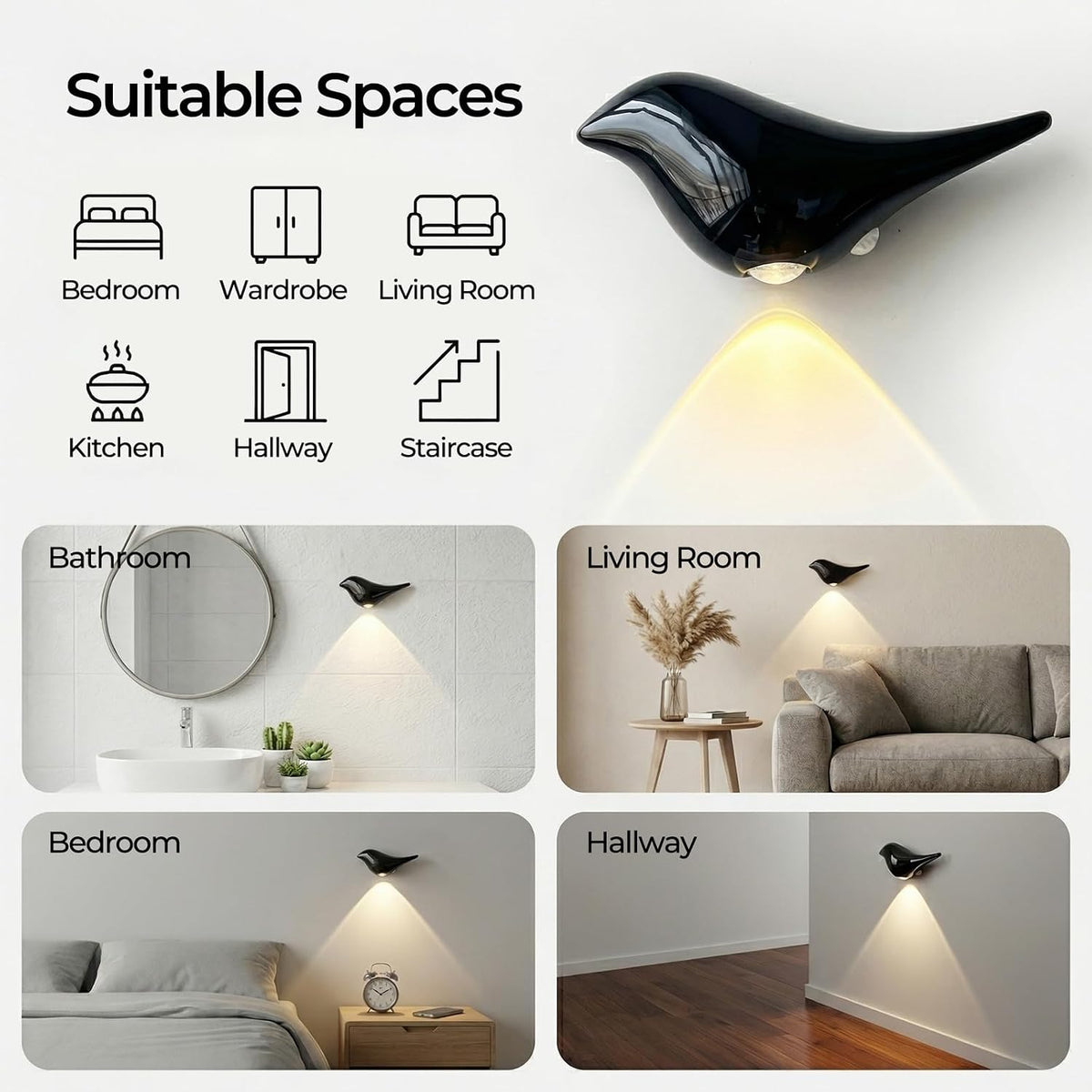2-Pack Indoor Motion Sensor Bird Wall Lights, Obsidian Black