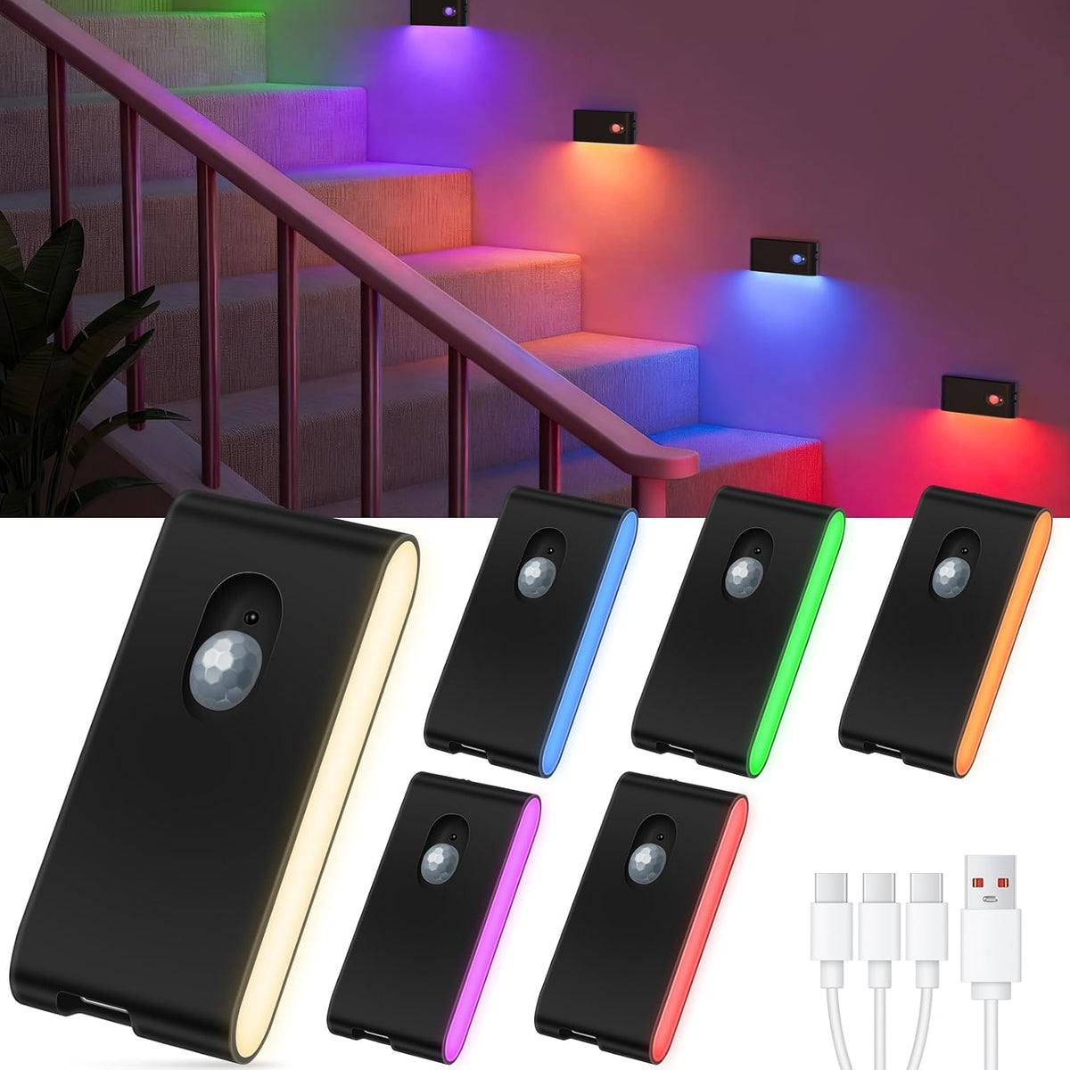 WILLED Rechargeable Night Light, RGB & Warm White Stair Lights Indoor, Color Changing Motion Sensor Light Indoor, Motion Sensor Night Light for Stair,Hallway,Bathroom,Cabinet,Closet,Kitchen,6 Pack
