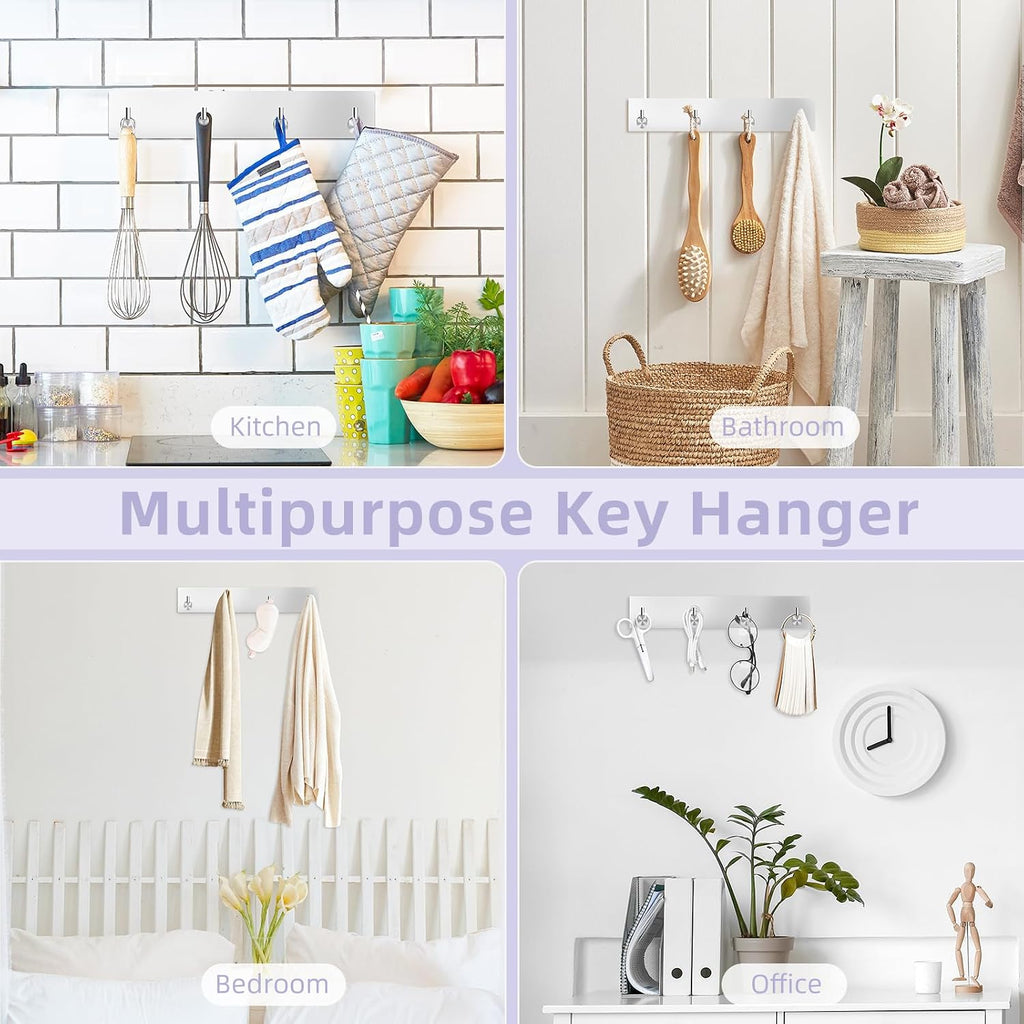 VIS'V Key Holder Wall Mount, Large Adhesive Key Hanger with 4 Hooks, Silver