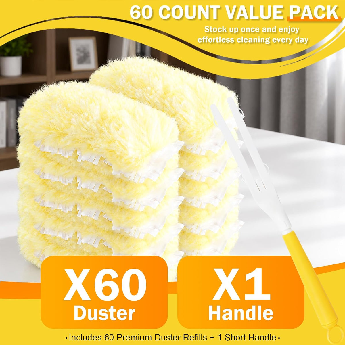 60PCS 360° Heavy Duty Duster Refills Compatible with Swiffer with 1 Handle