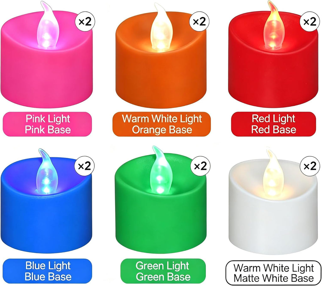 12 Pack Flickering LED Tea Lights, Last 100H+, Multi-Color Light for Décor