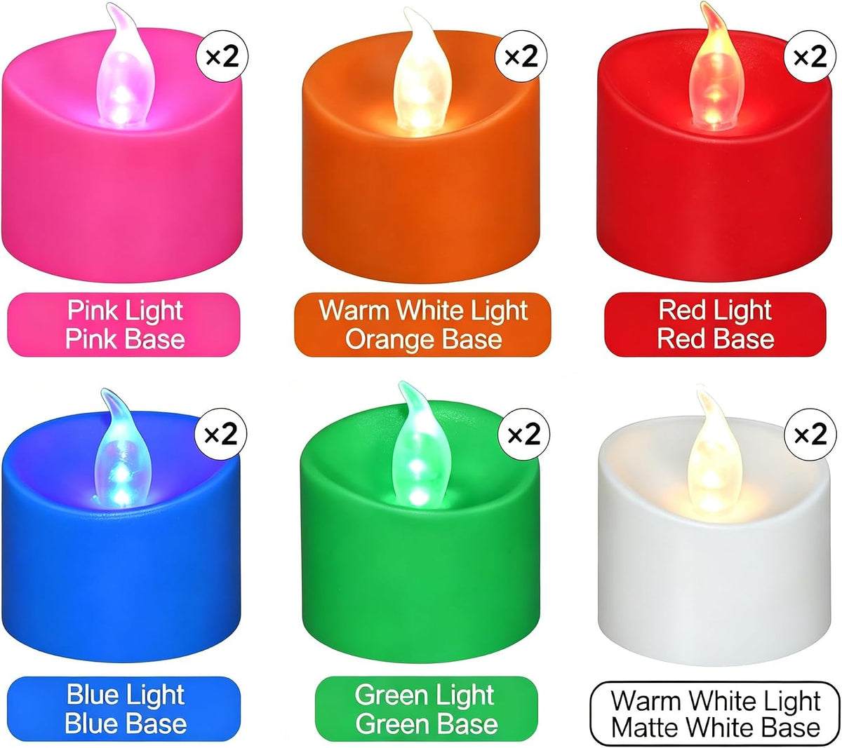 12 Pack Flickering LED Tea Lights, Last 100H+, Multi-Color Light for Décor