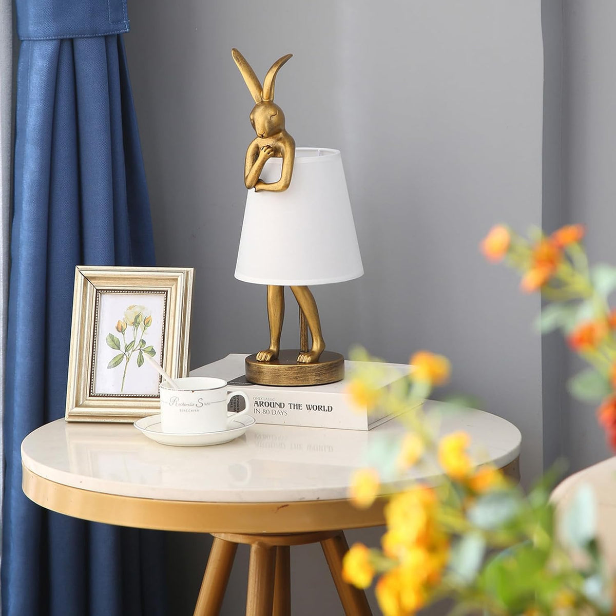 Resin Bunny Table Lamp 15.7"H White Fabric Shade LED Bedroom Study