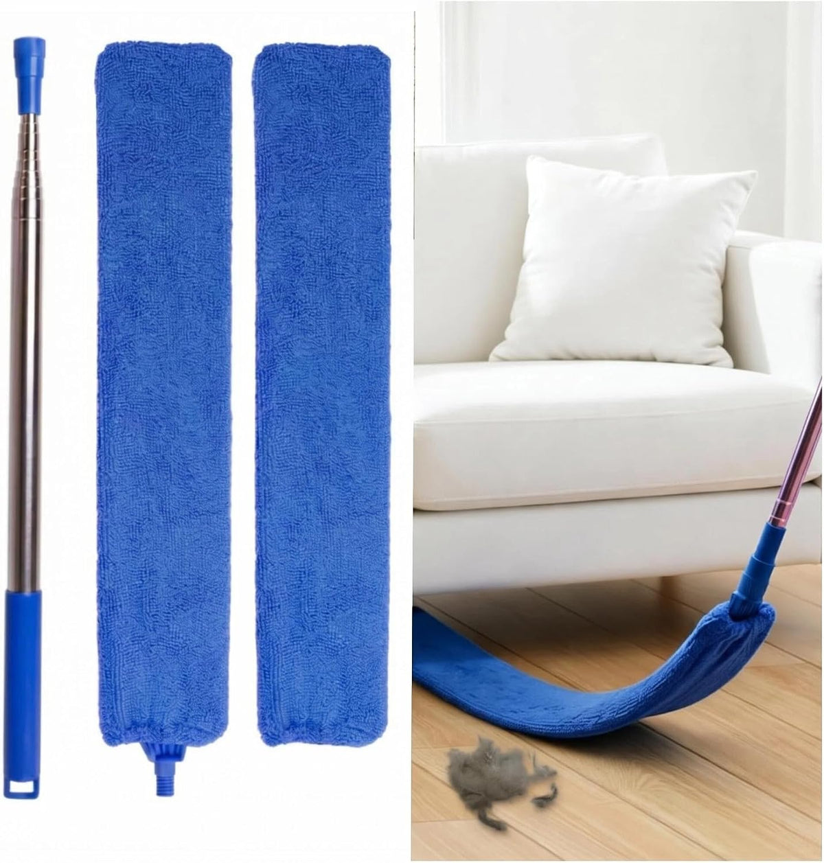 Retractable Gap Dust Cleaner Under Appliance Cleaning Tool, Flat Duster for Under Refrigerator Fridge Stove Couch Bed, Skinny Thin Duster for Tight Spaces (Blue)
