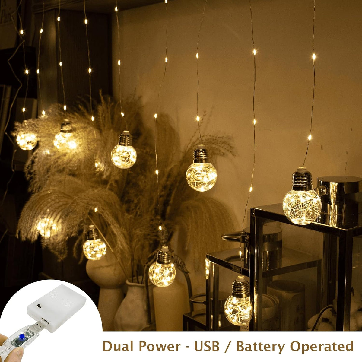 Wish Ball Curtain Lights 200 LED Window Fairy Light, USB/Battery Powered Twinkle Globe Curtain String Lights for Wedding Backdrop Room Dorm Party Christmas Decor (Warm White)