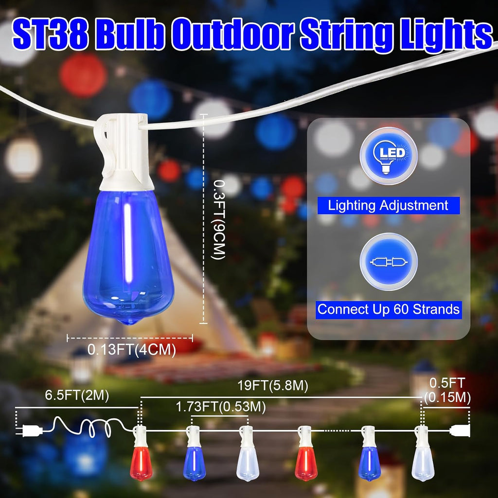 26FT 12 LED ST38 Bulb Outdoor String Lights with White Wire, Multi Lighting Modes, Vintage Style for National Day Patio Party Decor