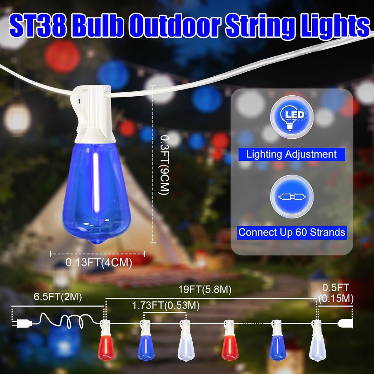 26FT 12 LED ST38 Bulb Outdoor String Lights with White Wire, Multi Lighting Modes, Vintage Style for National Day Patio Party Decor