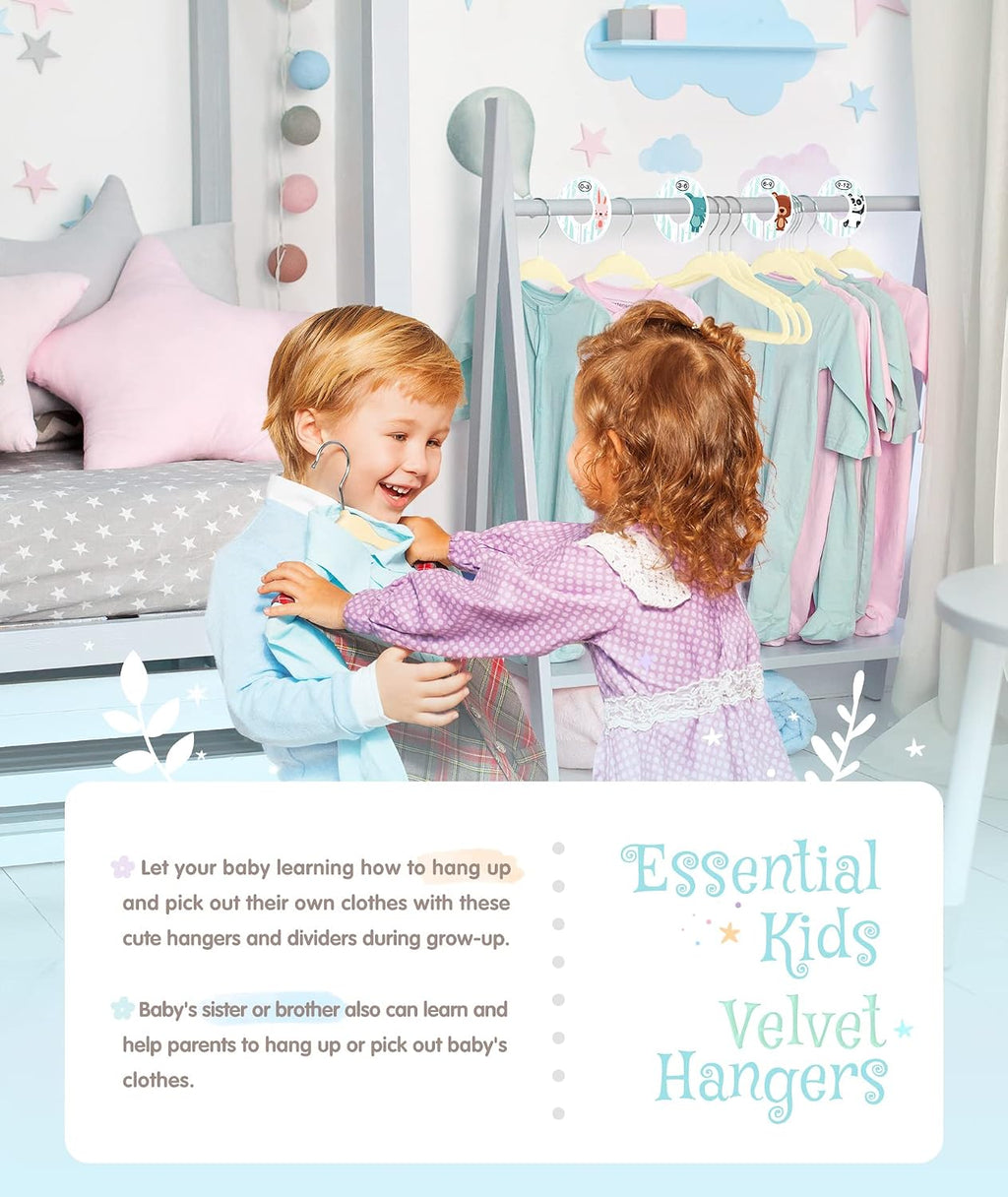VIS'V Velvet Baby Hangers with 6 Pcs Size Dividers, 11 Inch, Beige, 50 Pcs