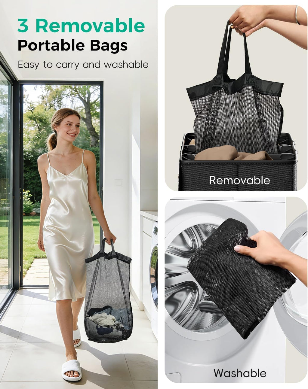 185L Laundry Hamper 3 Section with Lid & Removable Bags