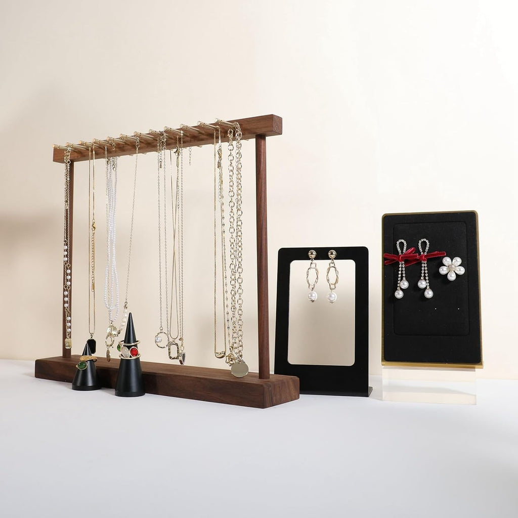 Medium necklace hanger shelf with 12 copper bars, Wooden jewelry storage organizer rack for hanger necklace bracelet, necklace display stand for boutique store【Walnut】