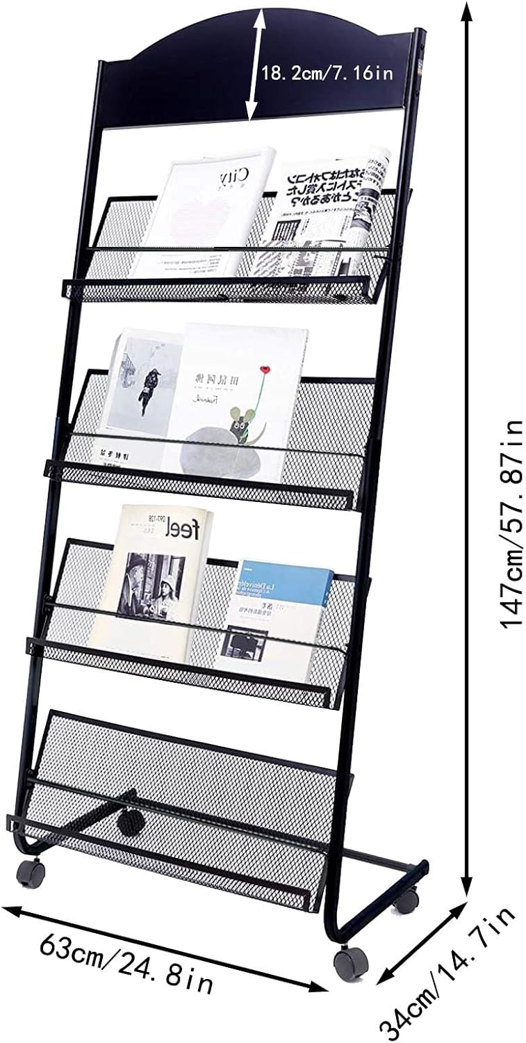 Floor Standing Magazine Rack,The Wheels with Locking 4 Tier Document Display Rack for Exhibition Office Shopping Mall Waiting Room and Other Places （BLACK