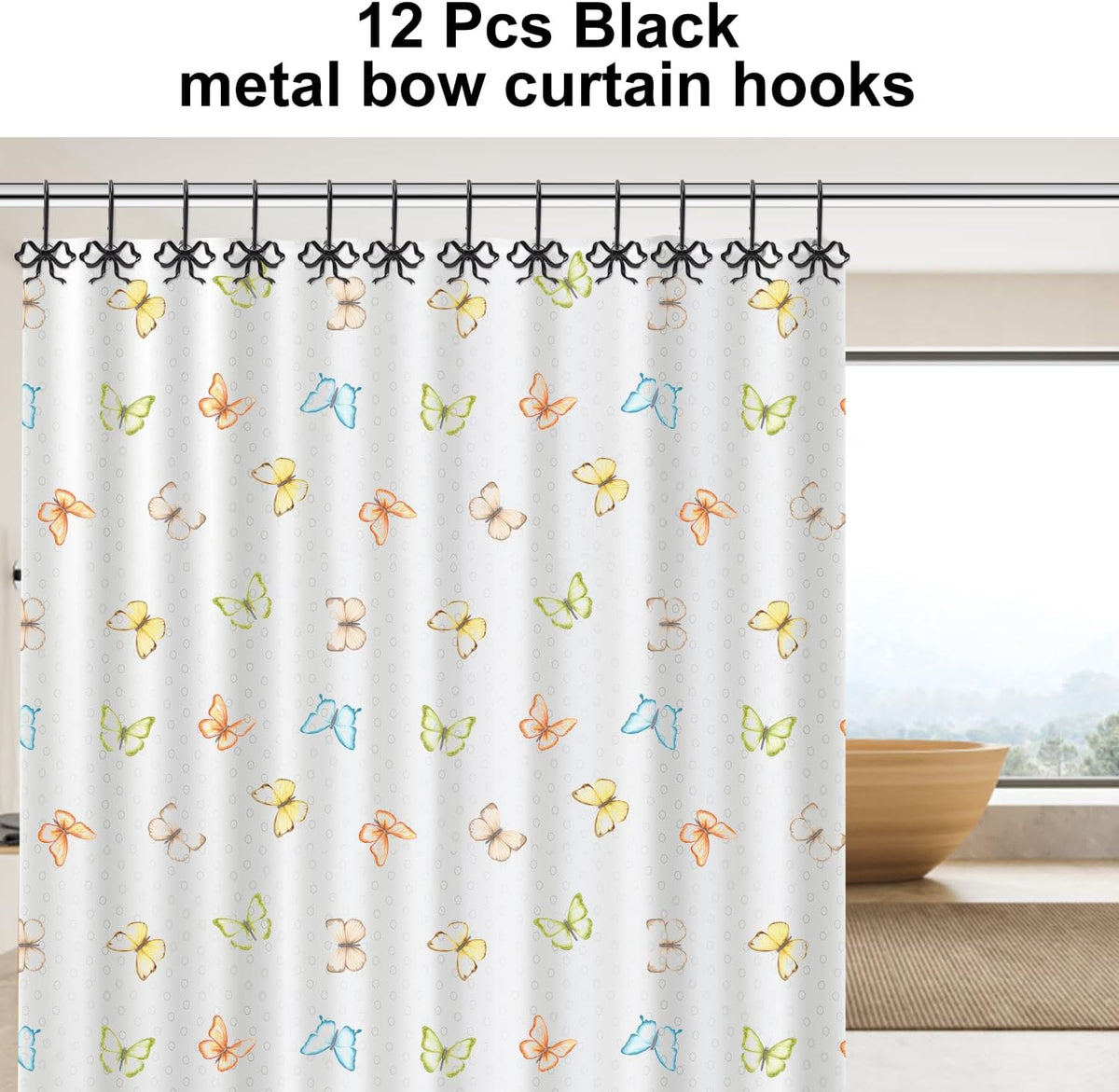 Bow Shower Curtain Hooks, 12-Pack Black Metal Decorative Bow Knot Rings