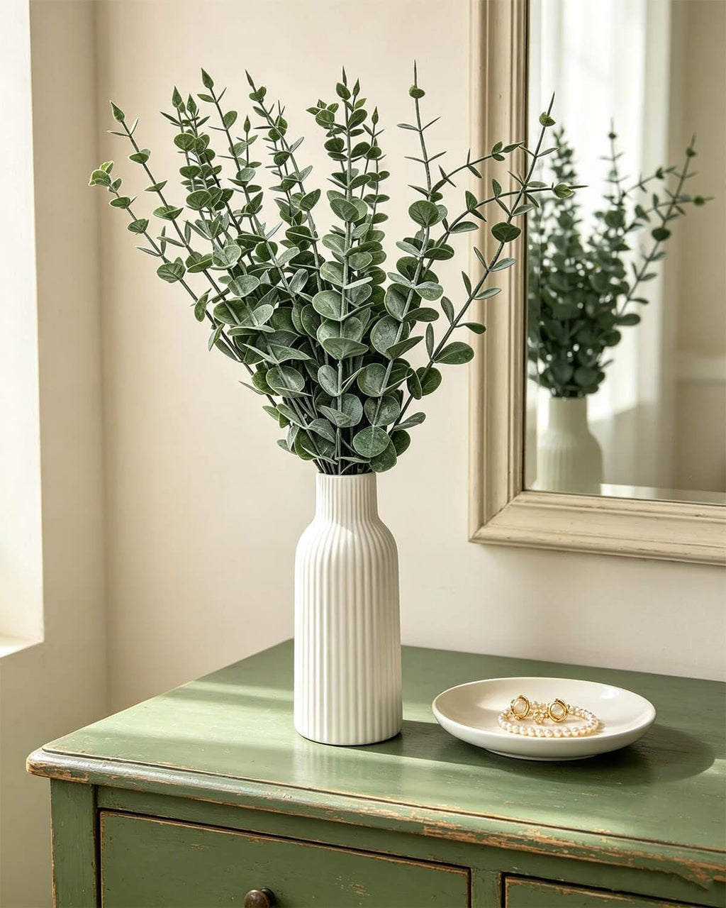 Faux Eucalyptus Stems in Ceramic Vase for Bathroom Counter Decor Artificial Eucalyptus Stems Decor for Coffee Table Fake Greenery Plants for Farmhouse Dining Table Centerpiece