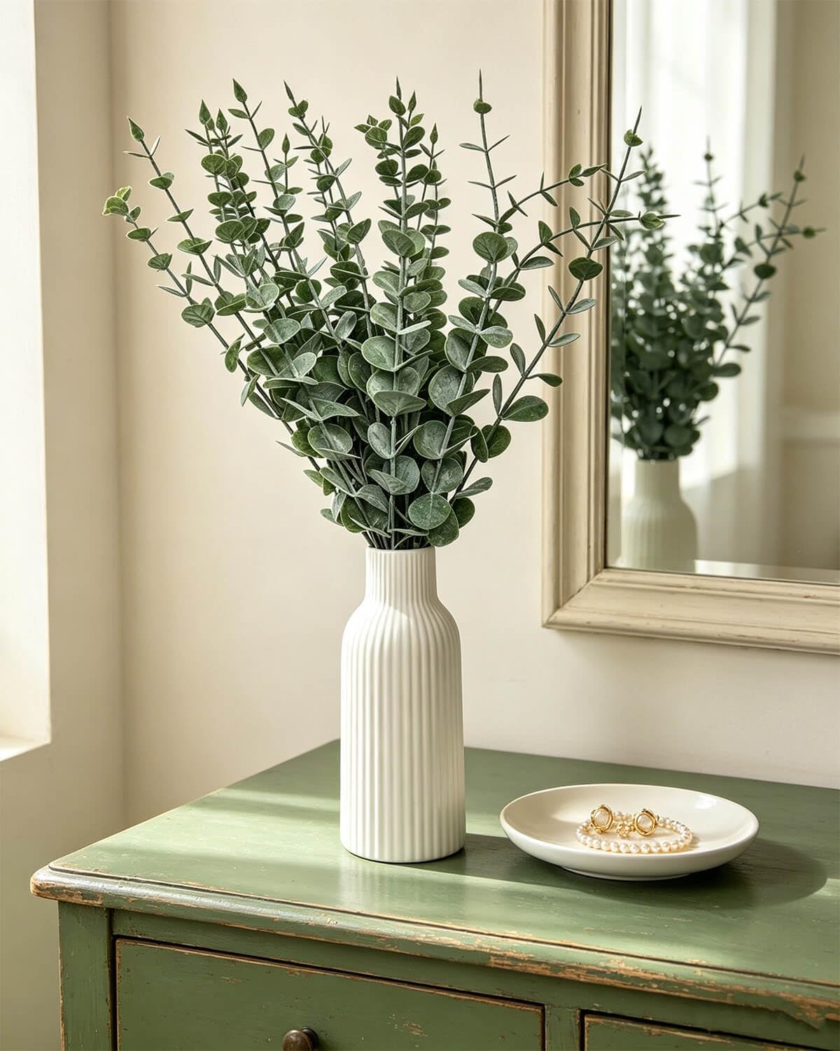 Faux Eucalyptus Stems in Ceramic Vase for Bathroom Counter Decor Artificial Eucalyptus Stems Decor for Coffee Table Fake Greenery Plants for Farmhouse Dining Table Centerpiece