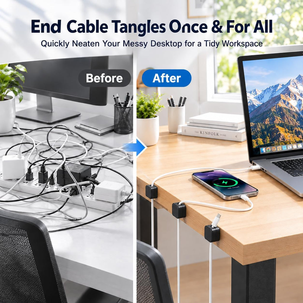 10 Pack Cord Organizer, Magnetic Cable Management, Cord Holder for Desk, Adhesive Cable Clips Wire Keeper for Nightstand, Home, Office, Desktop, Car, Wall (Black)