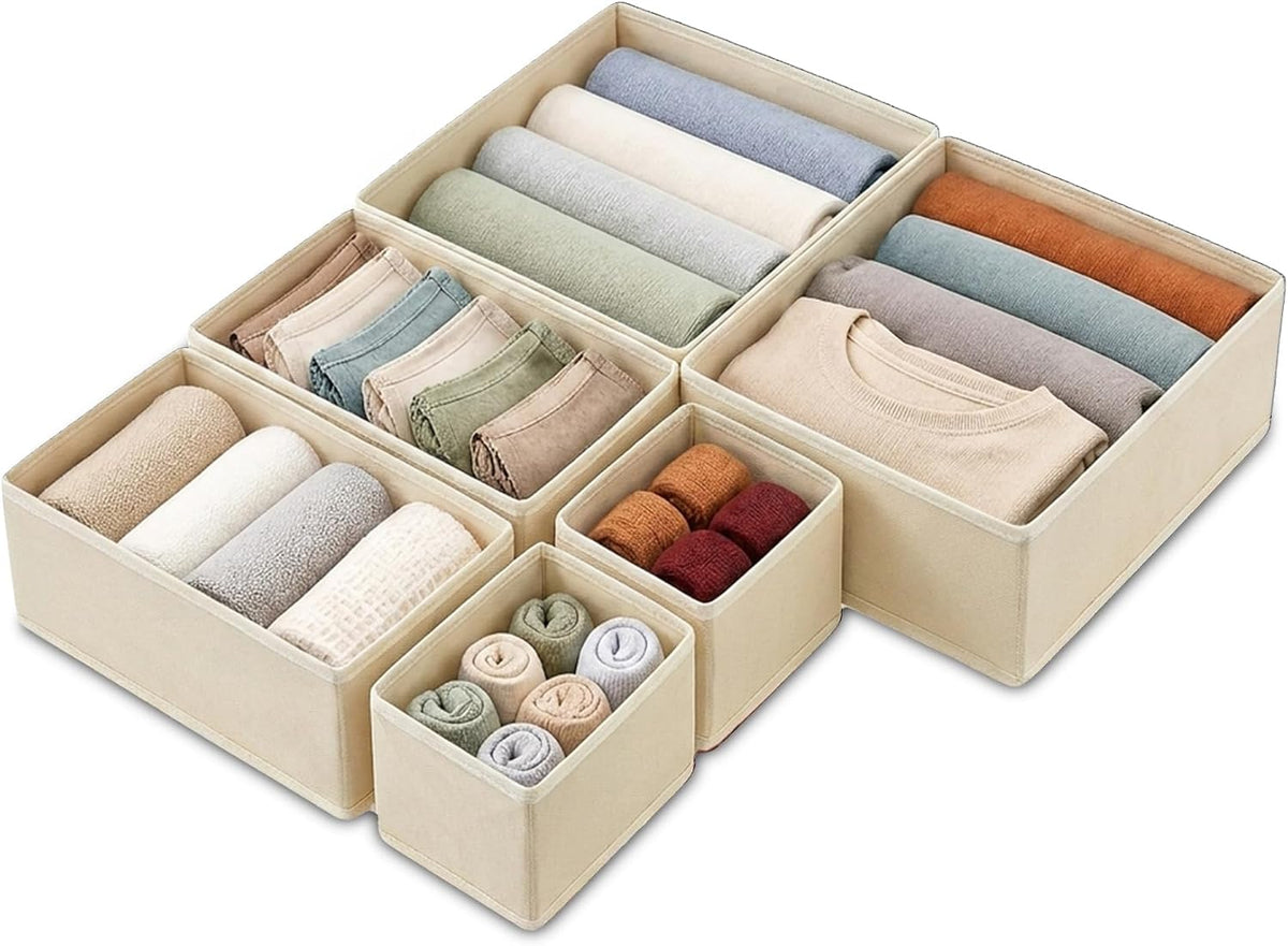 Foldable Drawer Organizer for Clothes & Underwear, Set of 6, Beige