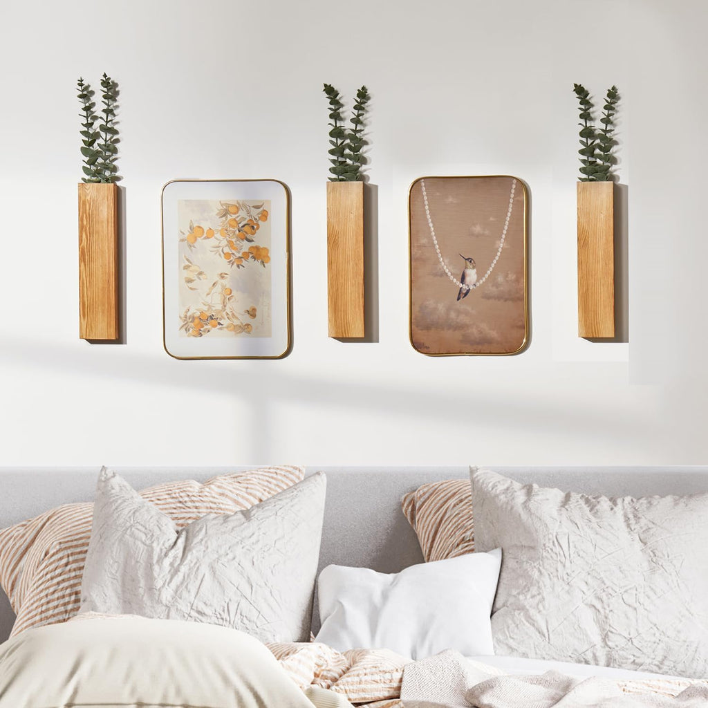 3 Pack Wood Wall Planters with Faux Eucalyptus Stems for Wall Decor