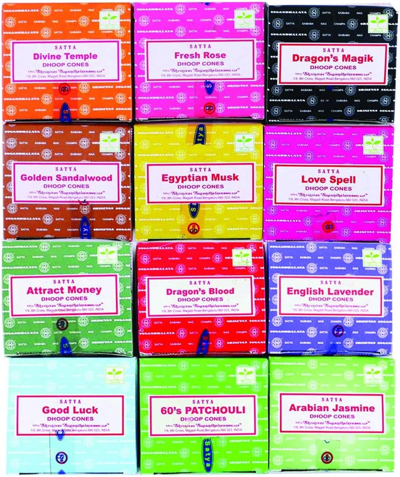 Nag Champa Satya Sai Baba Temple Incense Cones Carton, 12 Box (Assorted)