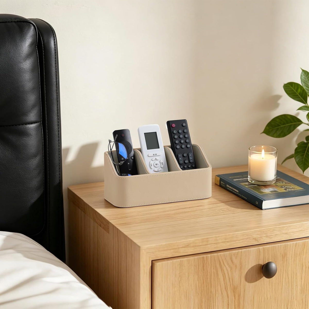 Hole-Free Wall-Mounted PU Leather Remote Control Holder, 3-Compartment Desktop Organizer, Perfect for Living Room, Bedroom, TV Side, Bathroom and More (Beige)
