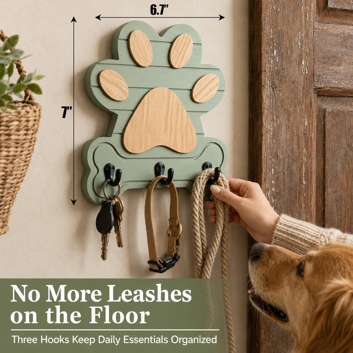 2pcs Dog Leash Holder for Wall, Dog Leash Holder, Dog Leash Hooks for Wall,Dog Leash Hanger,Dog Paw Key Holder,Wall Mounted Dog Leash and Key Holder,Rustic Pine Wood Decor（Sage Green）