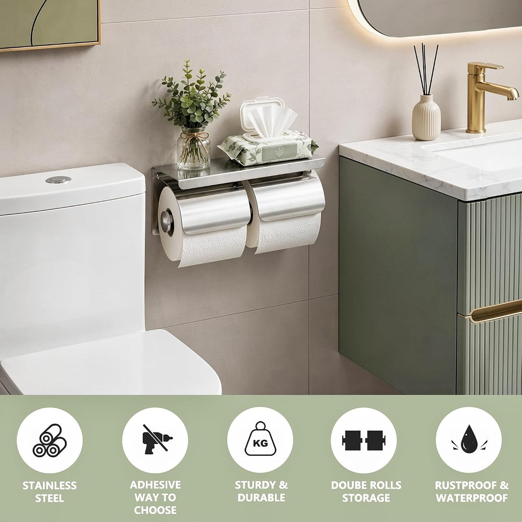 Double Toilet Paper Holder with Phone Storage Shelf Polished Chrome