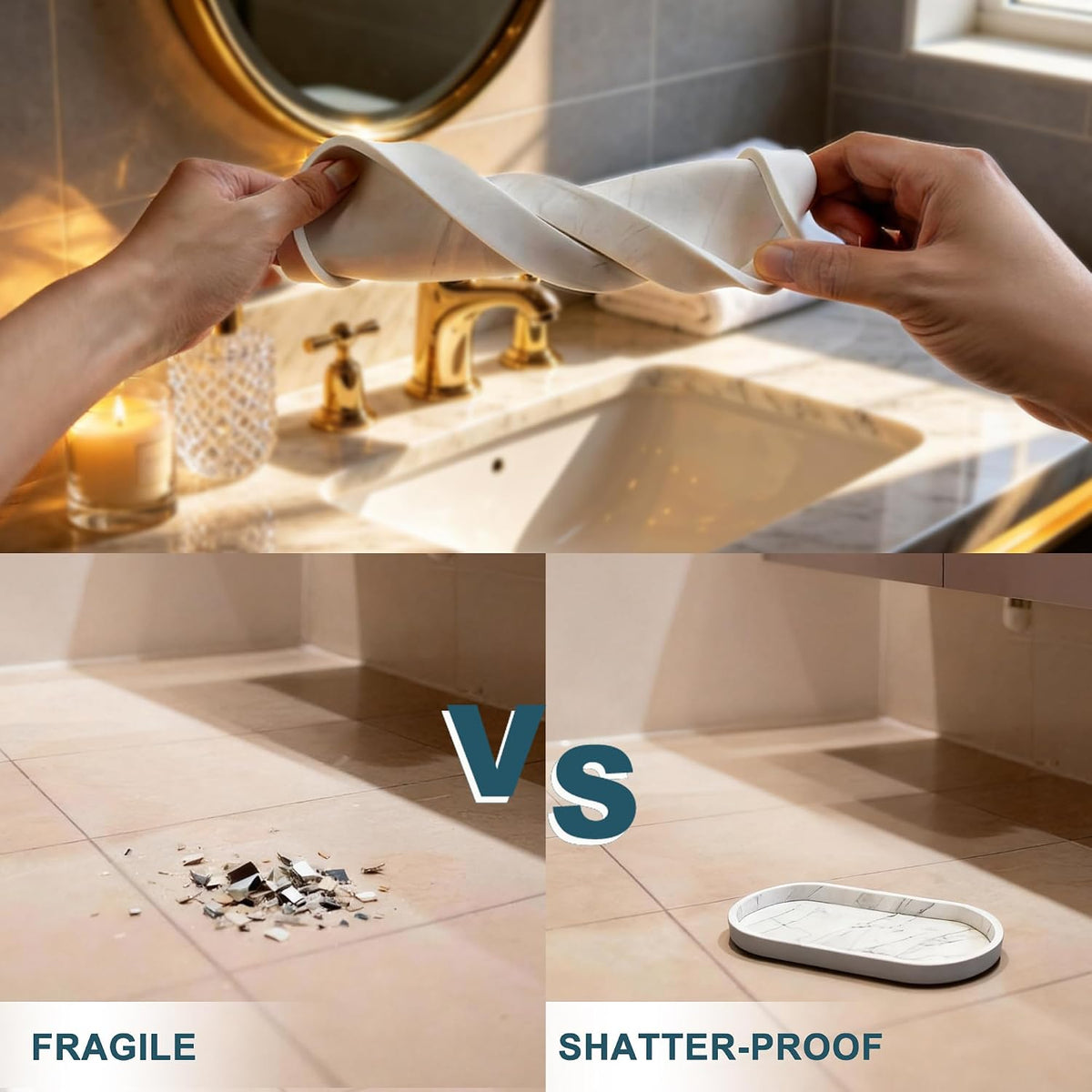 HO2ME Silicone Marble Pattern Tray, 2-Pack, Flexible Organizer, Crisp White