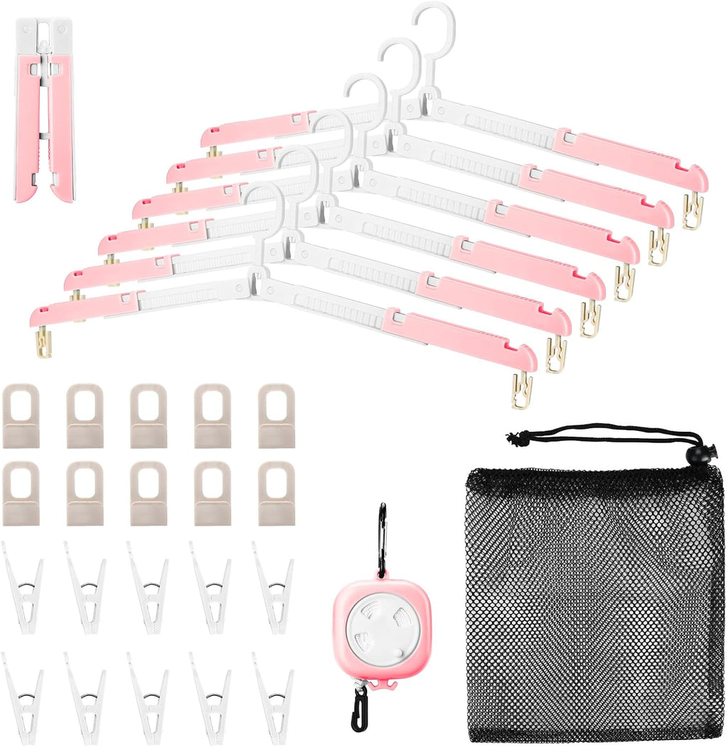 6 Pack Fodable Travel Hangers with Clips & Adjustable Clothesline, Portable Collapsible Hangers with Storage Bag for Suitcase, Hotel, RV, Cruise Essentials Set (Pink)