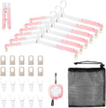 6 Pack Fodable Travel Hangers with Clips & Adjustable Clothesline, Portable Collapsible Hangers with Storage Bag for Suitcase, Hotel, RV, Cruise Essentials Set (Pink)