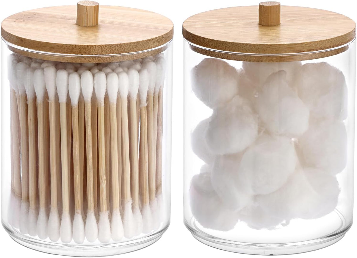 Hipiwe 2 Packs Acrylic Qtip Holder Clear Bathroom Dispenser with Lid Plastic Bathroom Canisters Round Apothecary Jar Set Cotton Swab and Ball Storage Organizer for Makeup Sponges, Bath Salts