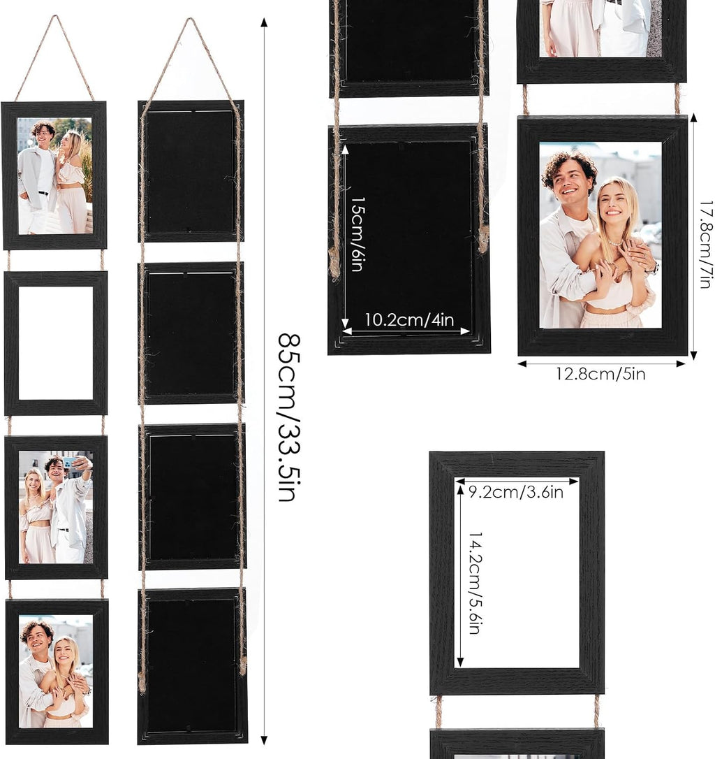 2 Pack Hanging Collage Picture Frames Set, 4 Openings Each For 4x6 Inch Photos, Vertical Multi Photo Display with String For Wall Decor