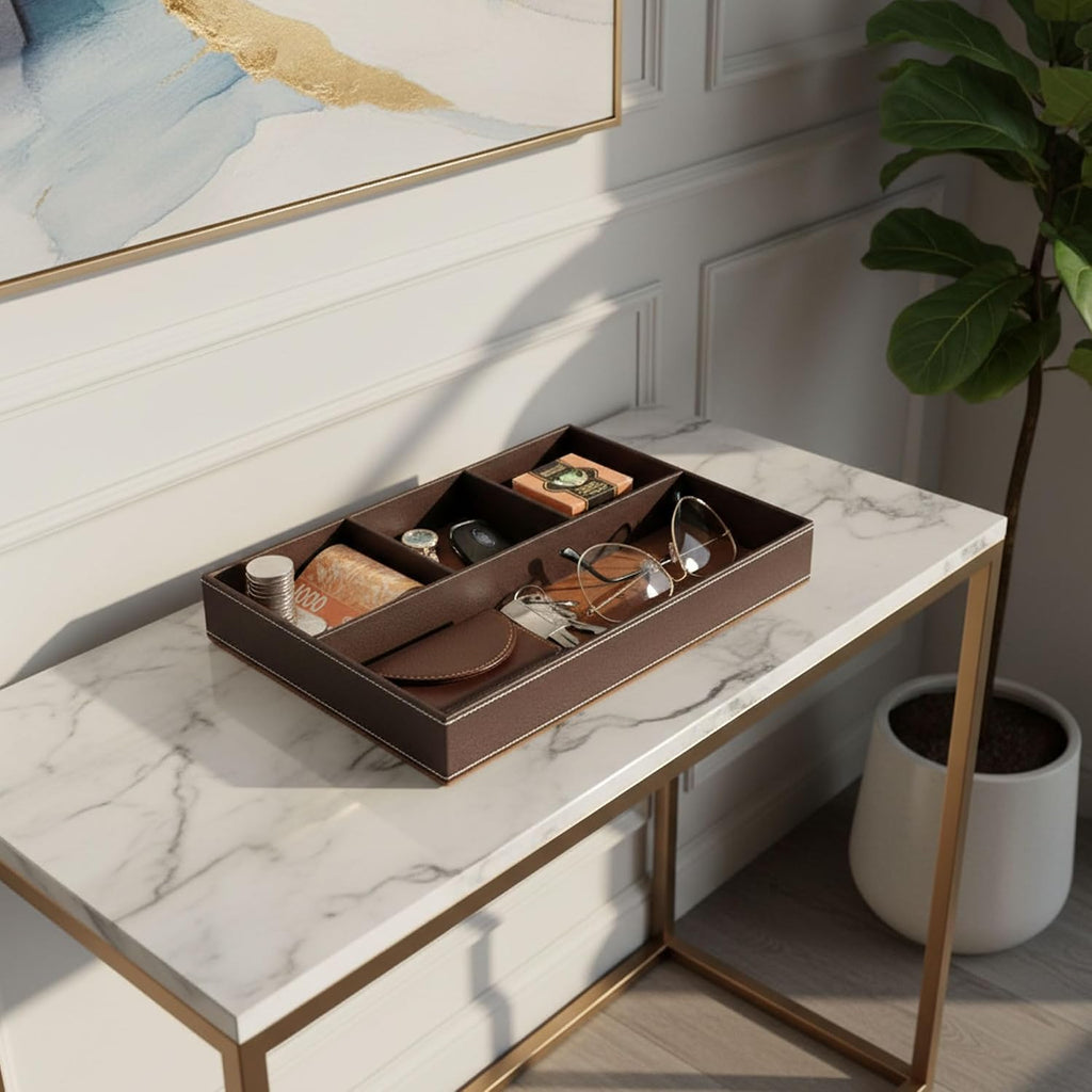Leather Valet Organizer Nightstand & Dresser Storage Tray (Brown)