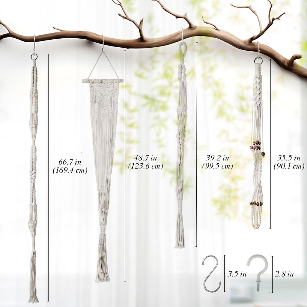 Flexzion Macrame Plant Hangers, 4 Pack, Off-White Cotton Rope, 4 Lengths