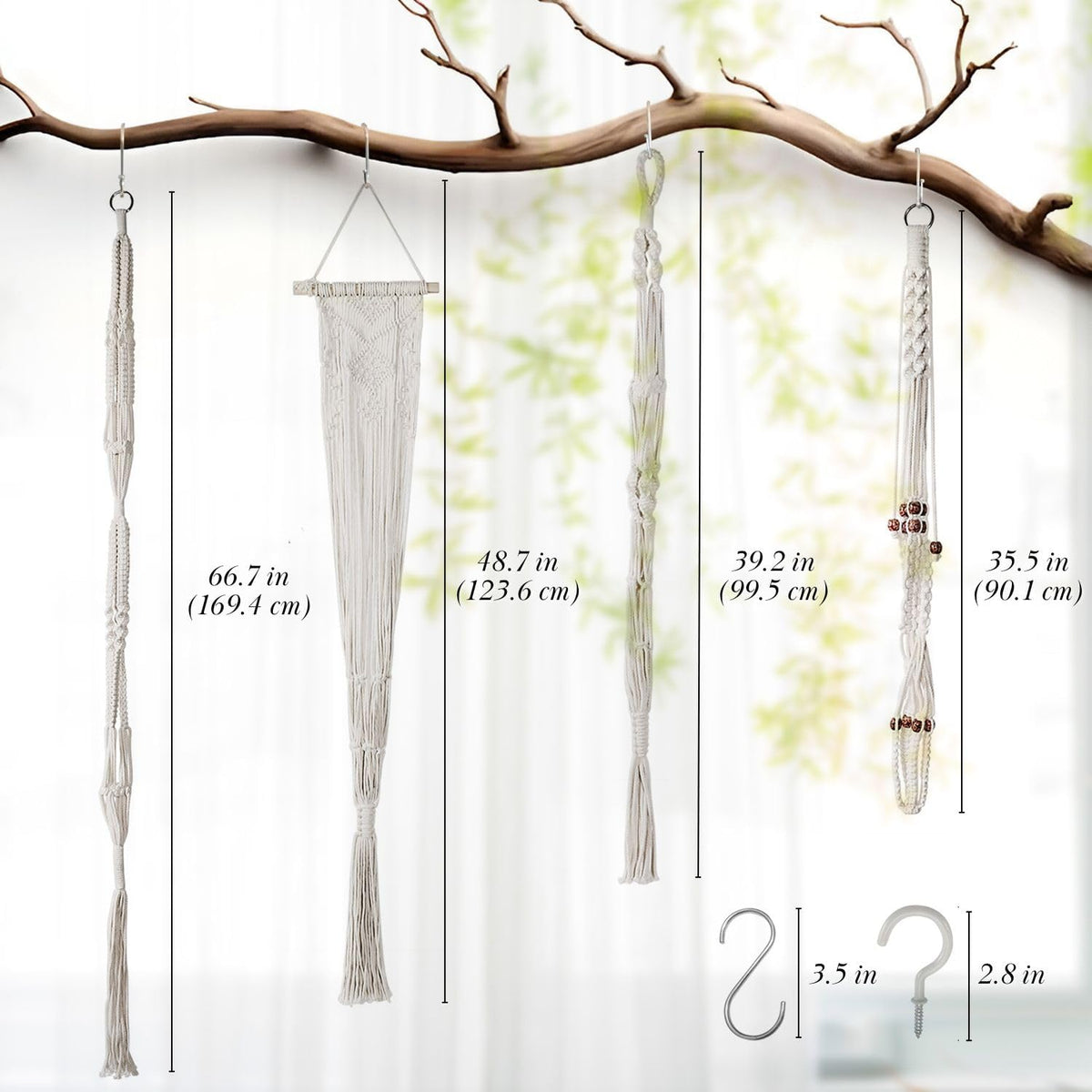 Flexzion Macrame Plant Hangers, 4 Pack, Off-White Cotton Rope, 4 Lengths