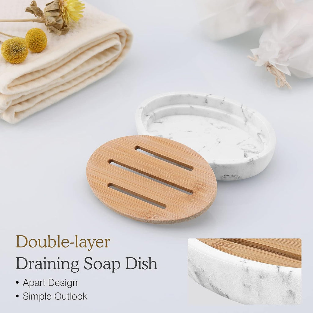 Luxspire Bamboo Soap Dish, Holder for Bathroom& countertop, Gravel White