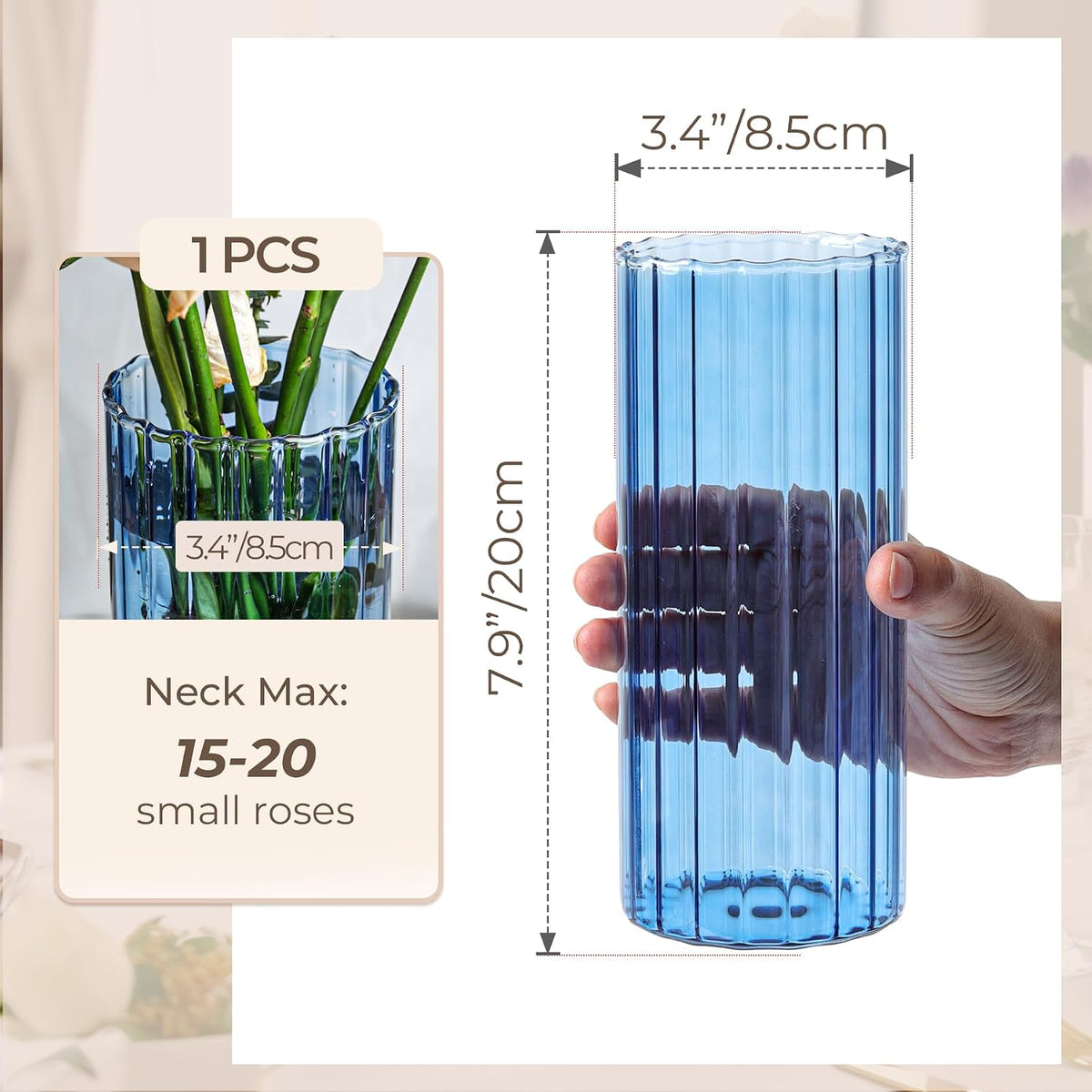 ComSaf Glass Cylinder Vase 8 Inch Tall, Blue Ribbed Decor for Centerpieces