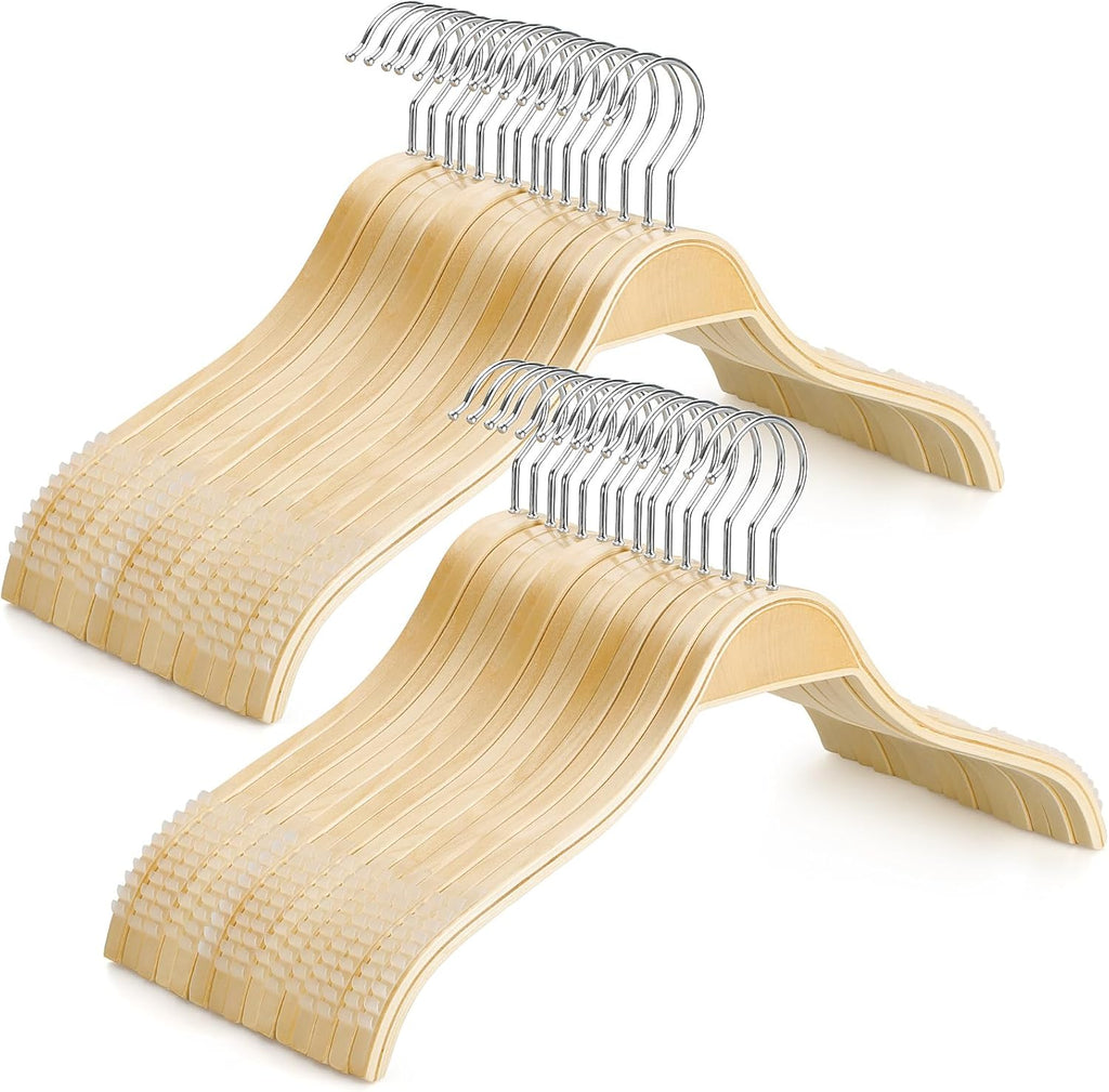 TOPIA HANGER Slim Natural Wood Hangers with Extra Soft Non-Slip Rubber Grips, 30-Pack High-Grade Fashion Hanger No Shoulder Bump for Sweaters, Hoodies, Jacket, Dress, Coat -CT15N30