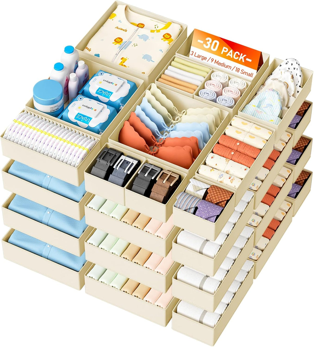 DIMJ Drawer Organizer Clothes - 30 Pack Baby Dresser Organizer for Nursery Closet Organization, Fabric Drawer Organizer Bins for Underwears Socks Bras, Foldable Storage Dividers for Bedroom