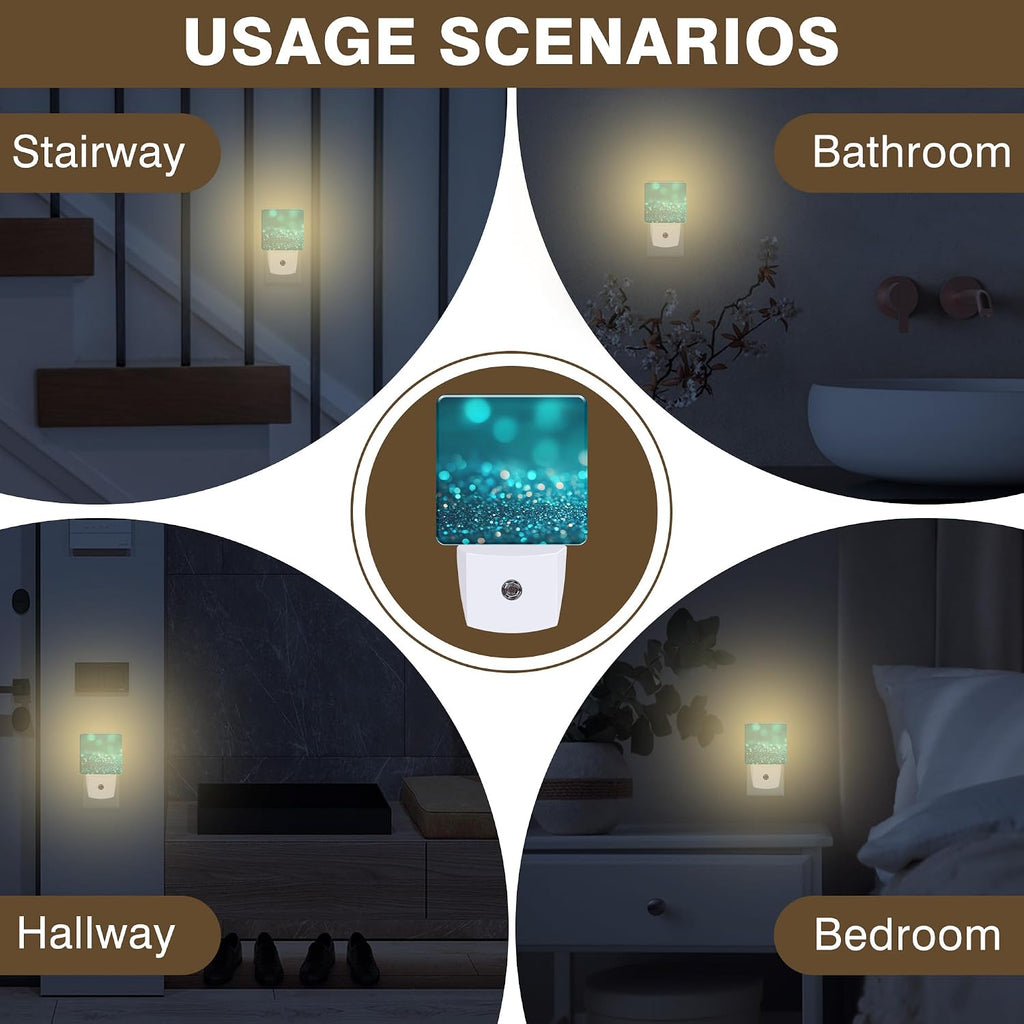 Night Light Teal and Turquoise Sparkle Night Lights Plug into Wall Smart Dusk to Dawn Sensor 0.5W Energy Efficient Led Lamp for Men Women Bedroom Bathroom Hallway Stairway Decor