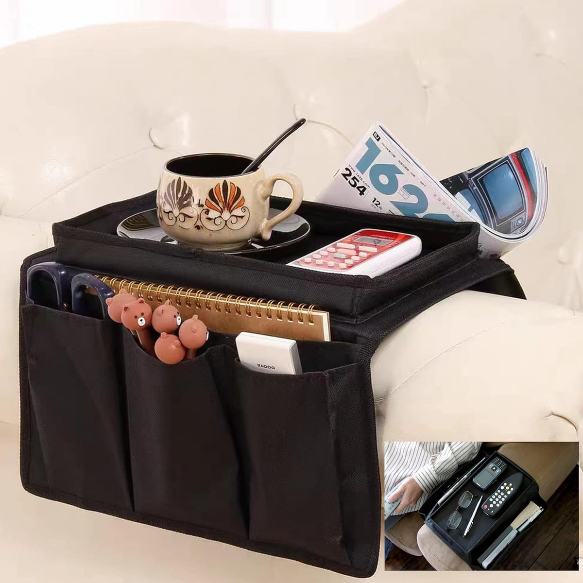 Sofa Armrest Organizer with Cup Holder No-Slip Couch Sofa Armrest Organiser Couch Remote Caddy Control Holder with 1 Large Pockets and 3 Small Pockets for TV Remotes Cellphone Magazines Drinks (Black)