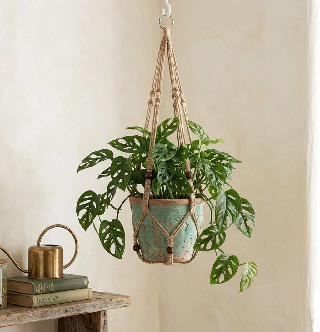 3 Pack Macrame Plant Hanger, Bohemian Hanging Planter with Elegant Wooden Beads for Indoor Outdoor (Pot and Plant are Not Included)